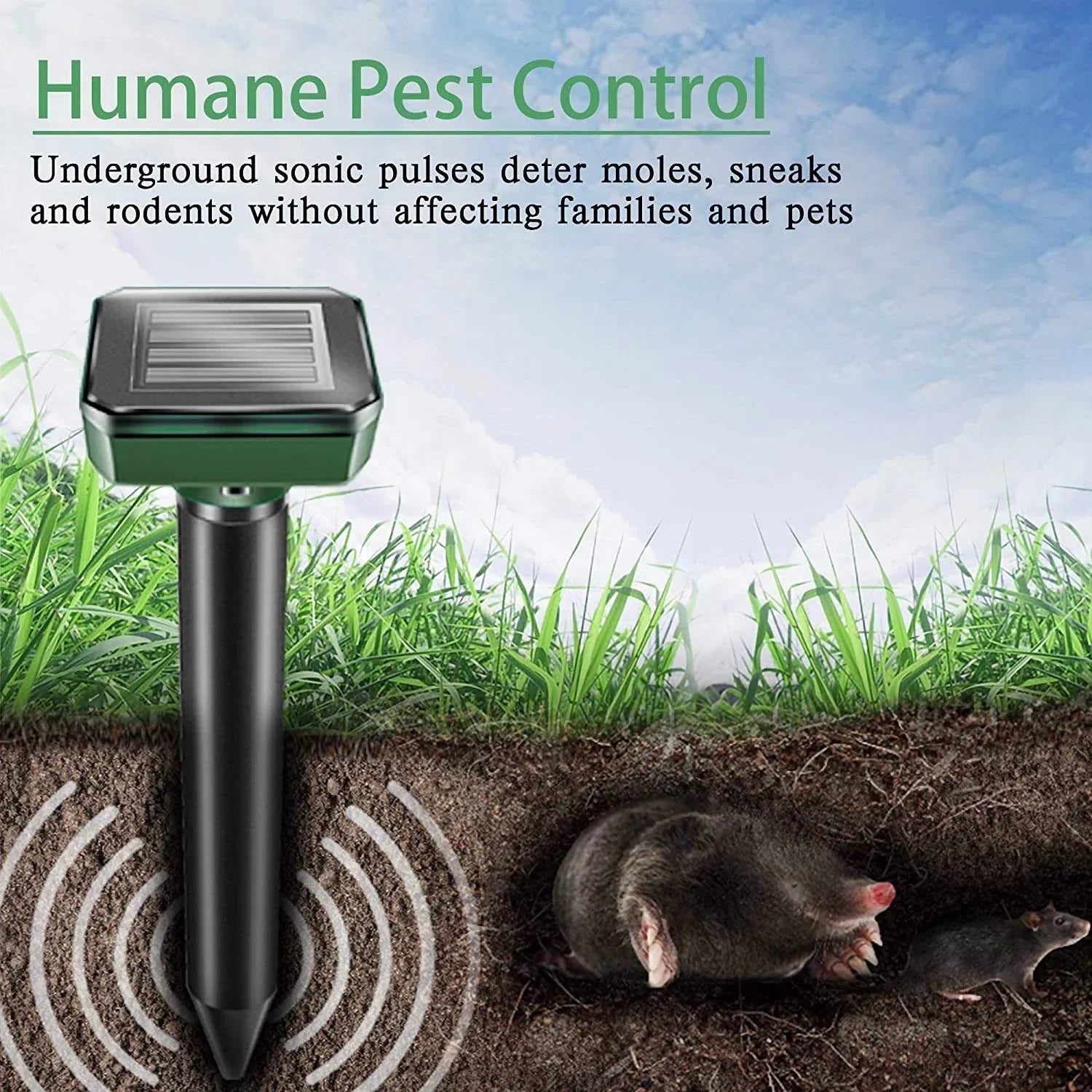 Solar-powered ultrasonic pest repeller with watertight design and 360-degree coverage to deter rodents and snakes in yard and garden
