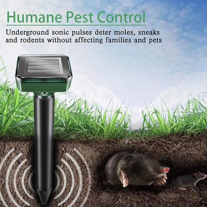 Solar-powered ultrasonic pest repeller with watertight design and 360-degree coverage to deter rodents and snakes in yard and garden