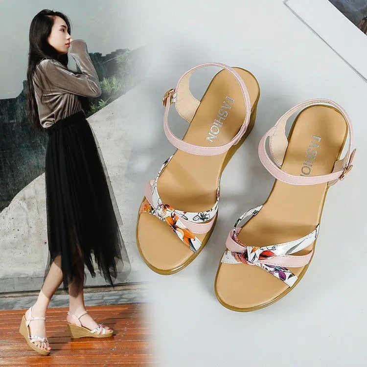 Women's pink wedge sandals with fish mouth design, non-slip PU soles, and adjustable buckle closure.