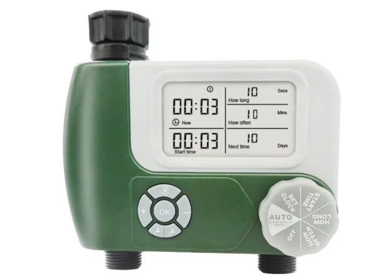 Green digital garden hose timer with LCD screen and dual hose outlets.