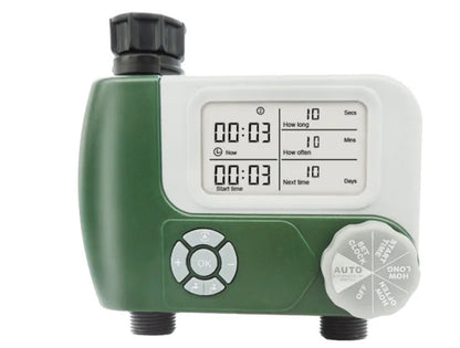 Green digital garden hose timer with LCD screen and dual hose outlets.