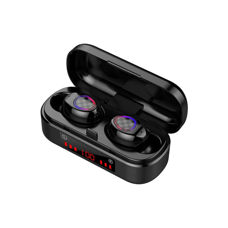 Sports wireless Bluetooth headset with V8 earphone shell in black, featuring Bluetooth 5.0 for stable connection, stereo channel sound, battery display, call function, voice control, and music support for hands-free use during workouts