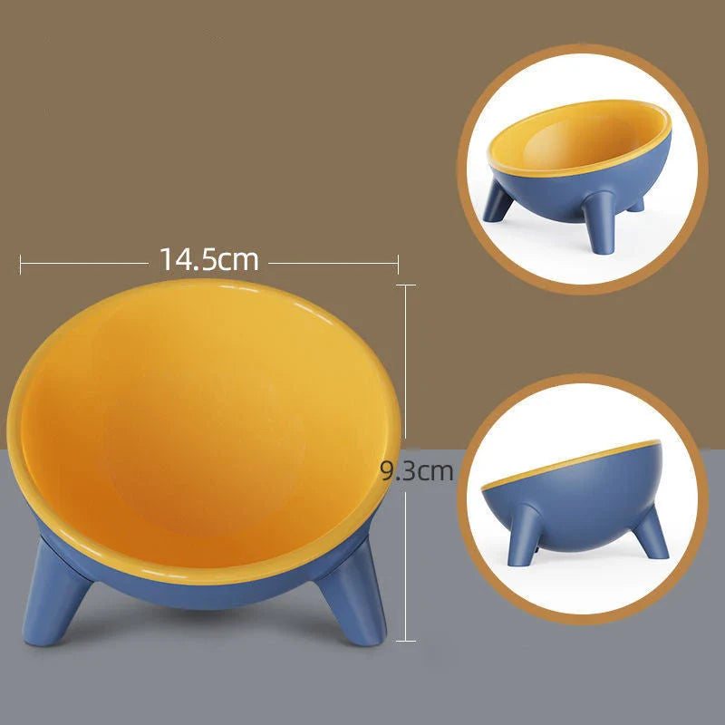 Tilted pet feeding bowls with sturdy stand in various colors, including green, yellow, red, and pink