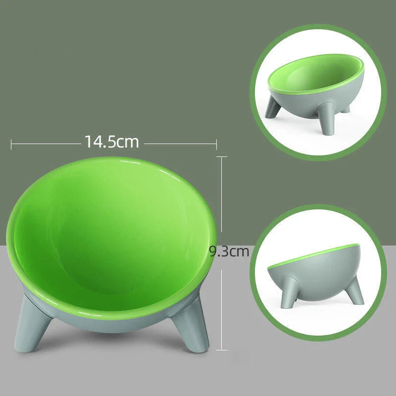 Tilted pet feeding bowls with sturdy stand in various colors, including green, yellow, red, and pink