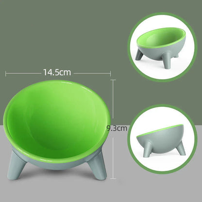 Tilted pet feeding bowls with sturdy stand in various colors, including green, yellow, red, and pink