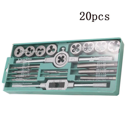 20-piece metric tap and die set with alloy steel construction for hand threading applications