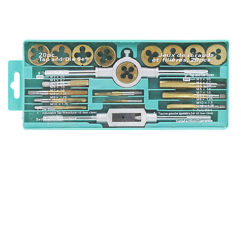 20-piece metric tap and die set with alloy steel construction for hand threading applications