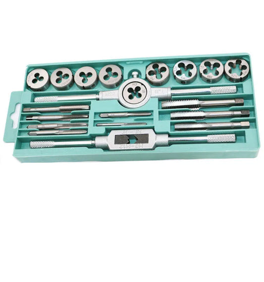 20-piece metric tap and die set with alloy steel construction for hand threading applications