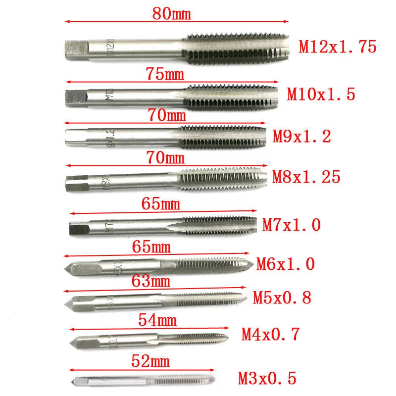 20-piece metric tap and die set with alloy steel construction for hand threading applications