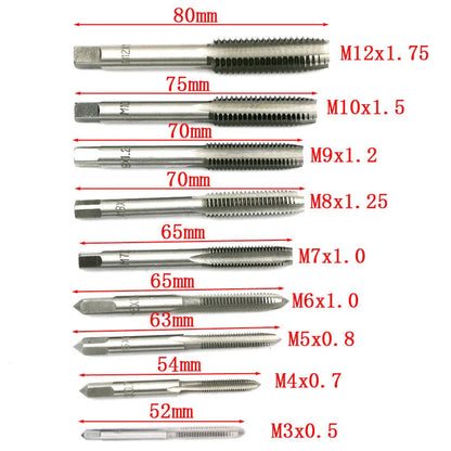 20-piece metric tap and die set with alloy steel construction for hand threading applications