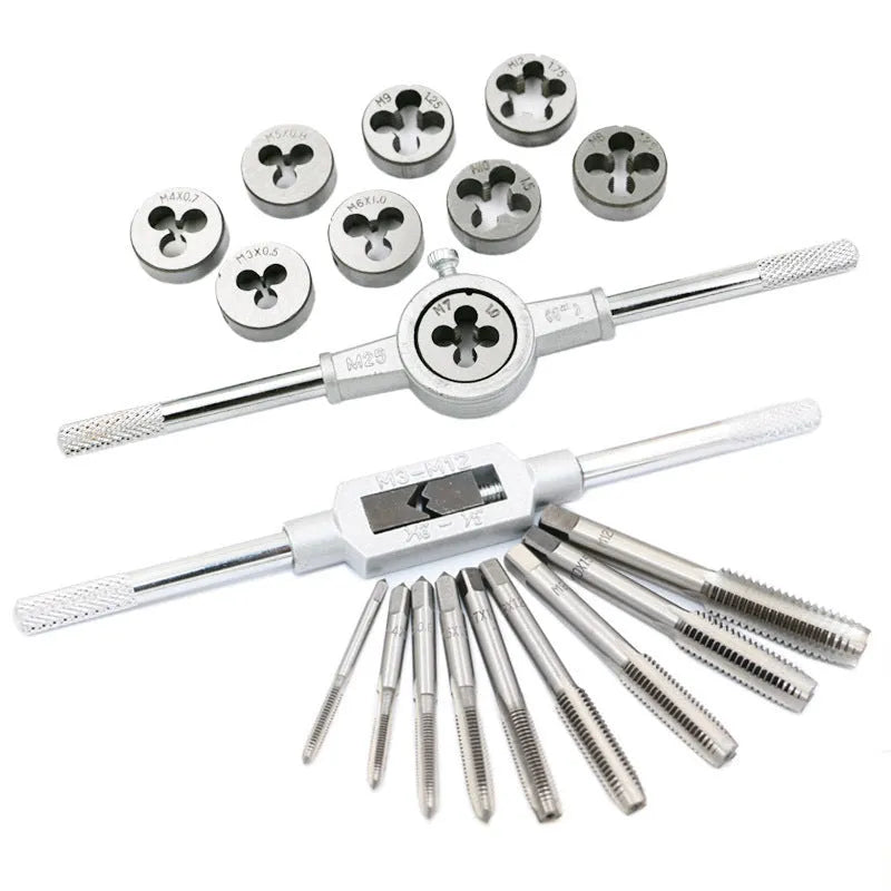 20-piece metric tap and die set with alloy steel construction for hand threading applications