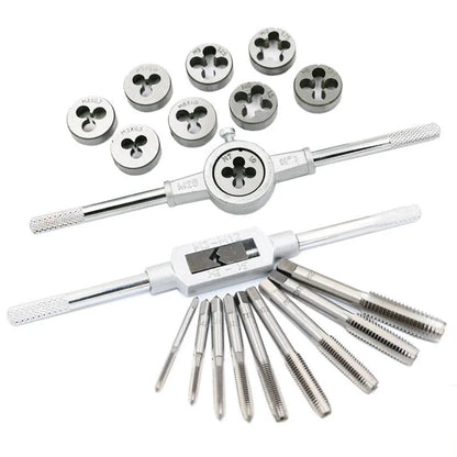 20-piece metric tap and die set with alloy steel construction for hand threading applications