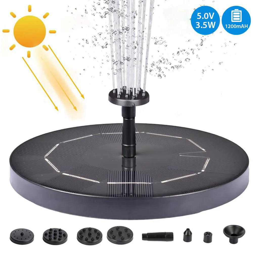 Black solar floating fountain pump with 4 nozzle heads for garden ponds and birdbaths