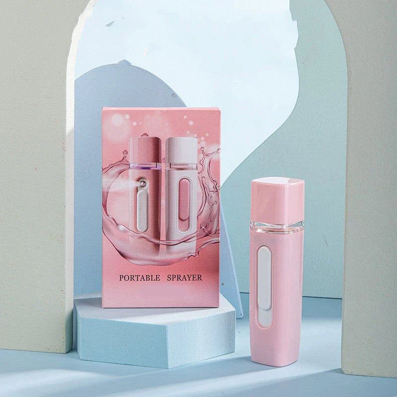 Portable facial mister with rechargeable power bank, transforms water into fine mist for skin hydration and rejuvenation