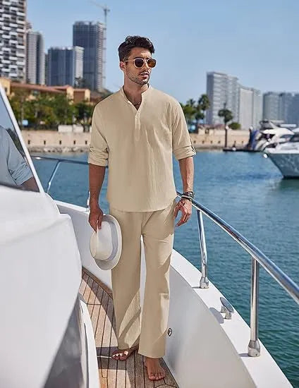 Men's casual cotton long sleeve trousers suit in solid colours on a hanger.