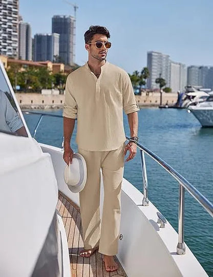 Men's casual cotton long sleeve trousers suit in solid colours on a hanger.