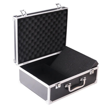 Black aluminium alloy tattoo equipment storage box with foam interior for organising tattoo sets