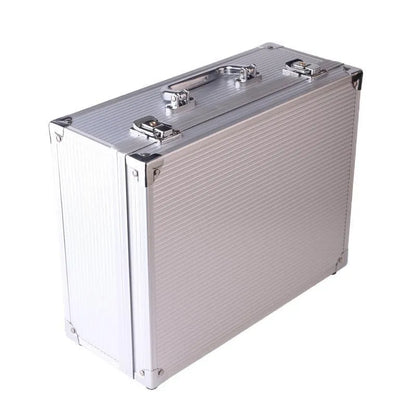 Black aluminium alloy tattoo equipment storage box with foam interior for organising tattoo sets