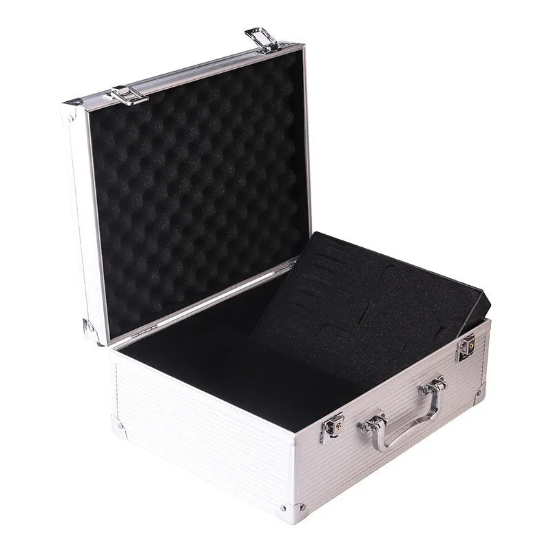 Black aluminium alloy tattoo equipment storage box with foam interior for organising tattoo sets