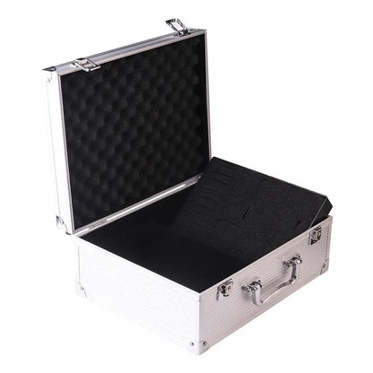 Black aluminium alloy tattoo equipment storage box with foam interior for organising tattoo sets