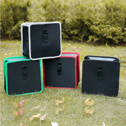 Hanging car trash can in Oxford cloth, 22x22x14.5cm, shown in grey, black, red, and green colour options.