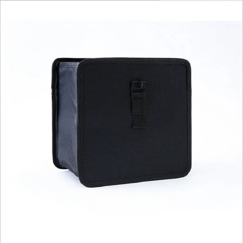 Hanging car trash can in Oxford cloth, 22x22x14.5cm, shown in grey, black, red, and green colour options.