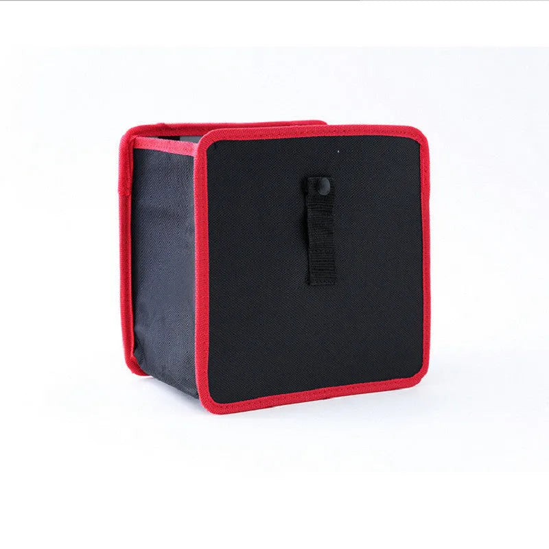 Hanging car trash can in Oxford cloth, 22x22x14.5cm, shown in grey, black, red, and green colour options.