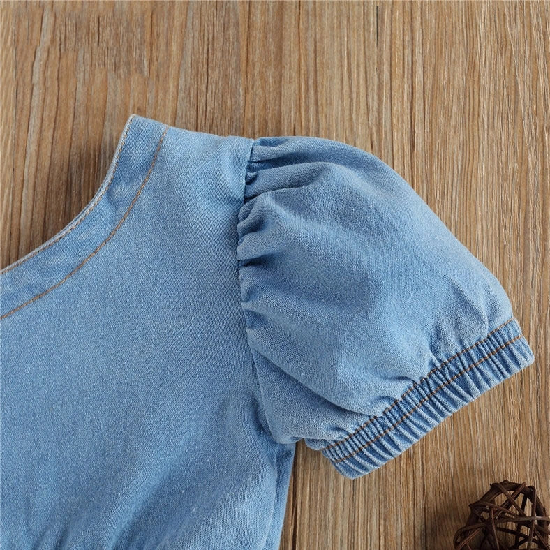 Girls' sky blue two-piece dress set with matching shorts, size chart showing measurements for ages 6 months to 5 years