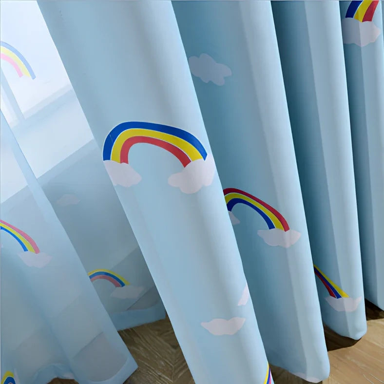 Rainbow patterned blackout curtain for children's bedroom in blue colour with hook attachment