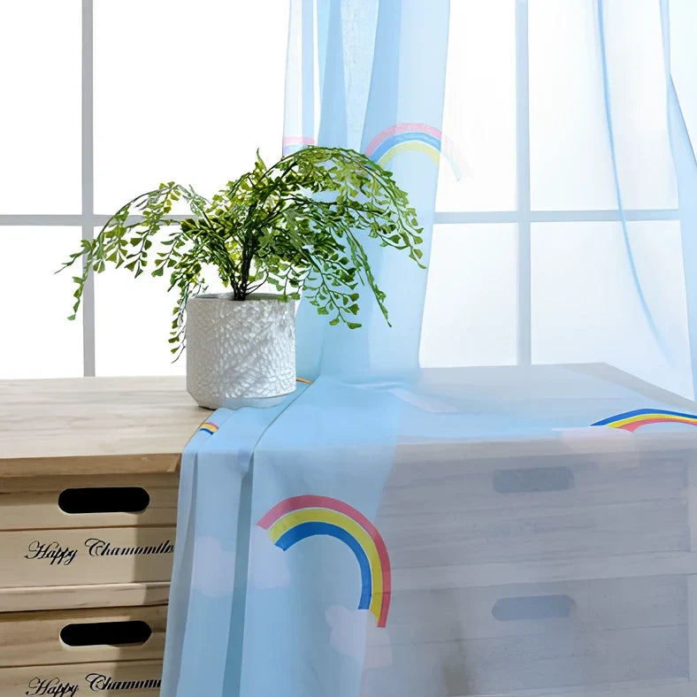 Rainbow patterned blackout curtain for children's bedroom in blue colour with hook attachment