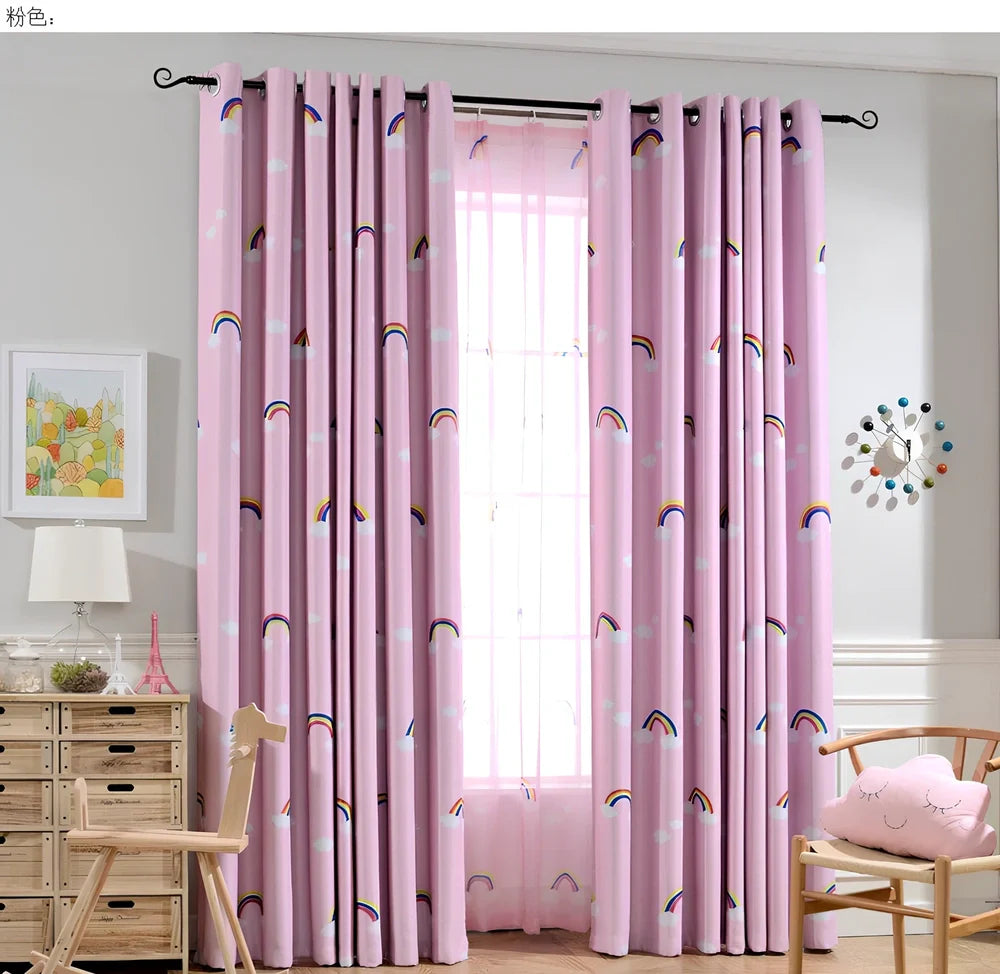 Rainbow patterned blackout curtain for children's bedroom in blue colour with hook attachment
