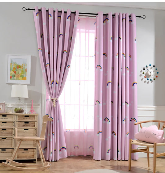 Rainbow patterned blackout curtain for children's bedroom in blue colour with hook attachment