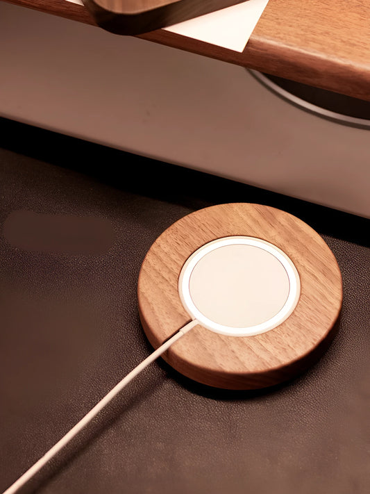 LZL walnut wood magnetic wireless charging stand for MagSafe iPhones on desktop
