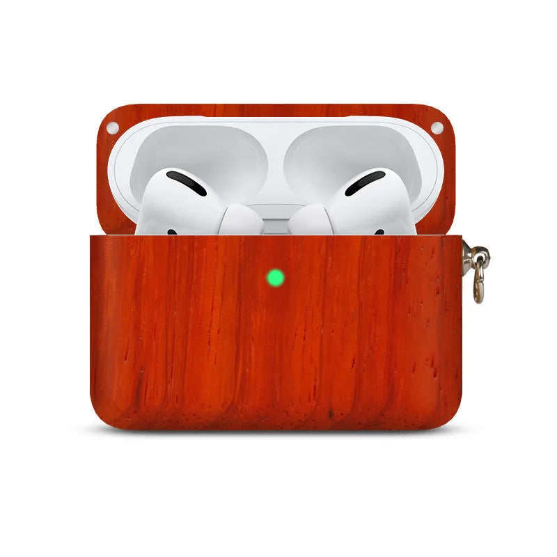 Bluetooth wireless earphones with solid wood hard shell case in bamboo finish, compatible with Apple iPhones