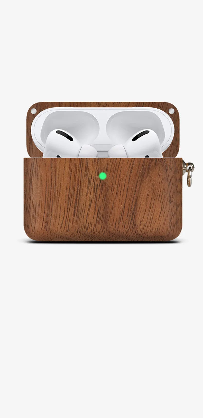 Bluetooth wireless earphones with solid wood hard shell case in bamboo finish, compatible with Apple iPhones