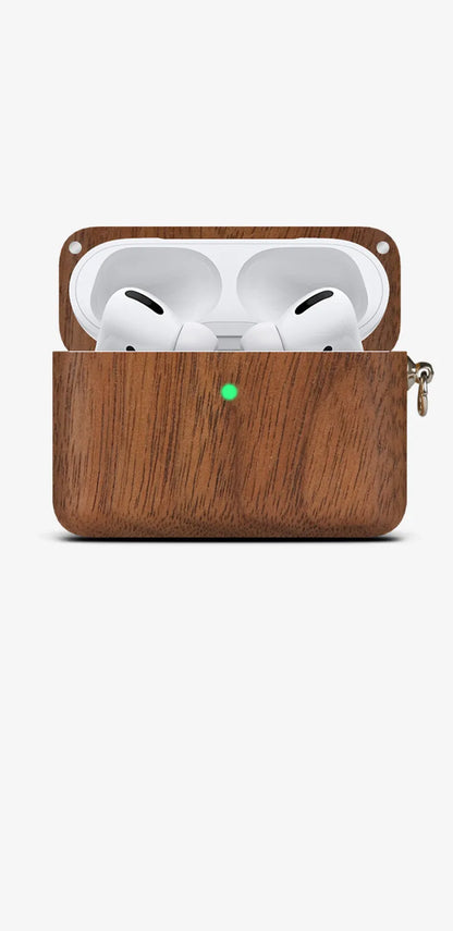 Bluetooth wireless earphones with solid wood hard shell case in bamboo finish, compatible with Apple iPhones