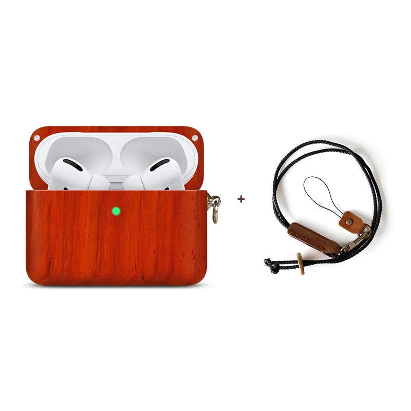 Bluetooth wireless earphones with solid wood hard shell case in bamboo finish, compatible with Apple iPhones