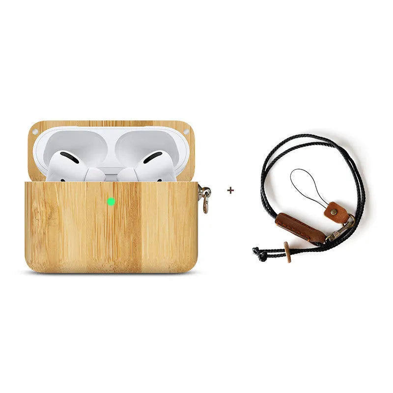 Bluetooth wireless earphones with solid wood hard shell case in bamboo finish, compatible with Apple iPhones