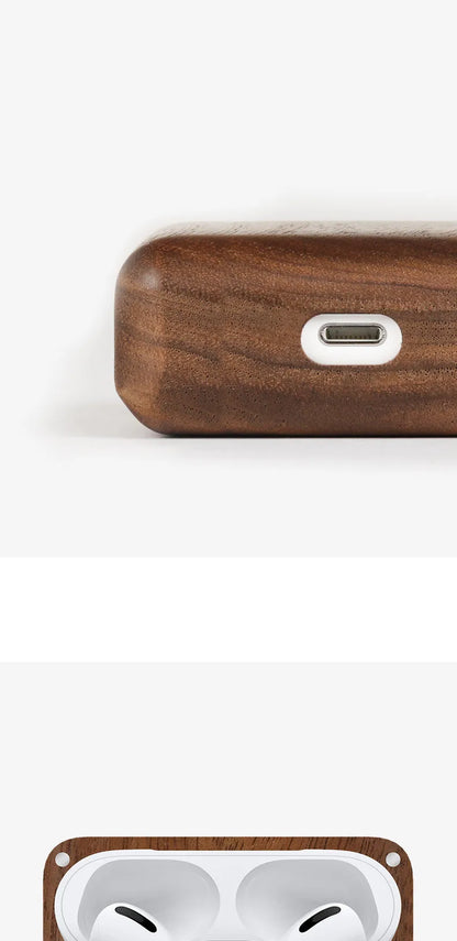 Bluetooth wireless earphones with solid wood hard shell case in bamboo finish, compatible with Apple iPhones