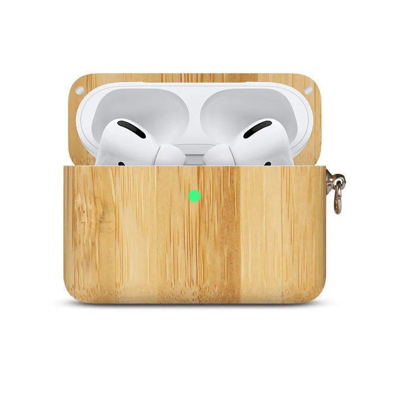 Bluetooth wireless earphones with solid wood hard shell case in bamboo finish, compatible with Apple iPhones