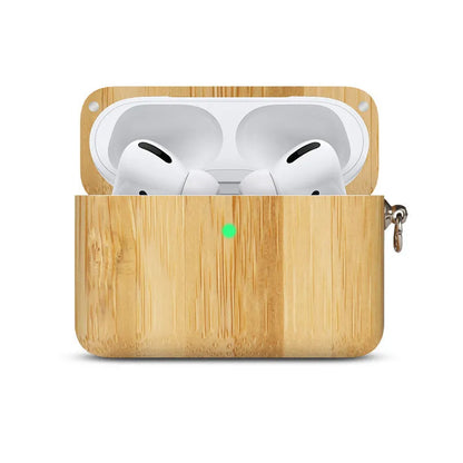Bluetooth wireless earphones with solid wood hard shell case in bamboo finish, compatible with Apple iPhones