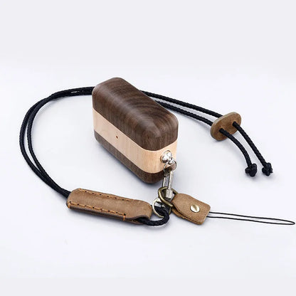 Bluetooth wireless earphones with solid wood hard shell case in bamboo finish, compatible with Apple iPhones