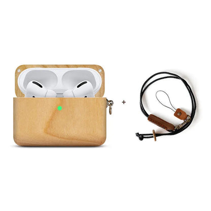 Bluetooth wireless earphones with solid wood hard shell case in bamboo finish, compatible with Apple iPhones