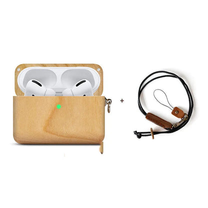 Bluetooth wireless earphones with solid wood hard shell case in bamboo finish, compatible with Apple iPhones