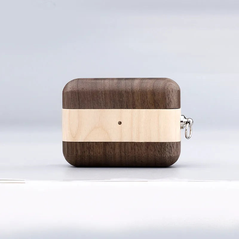 Bluetooth wireless earphones with solid wood hard shell case in bamboo finish, compatible with Apple iPhones