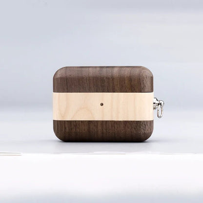 Bluetooth wireless earphones with solid wood hard shell case in bamboo finish, compatible with Apple iPhones