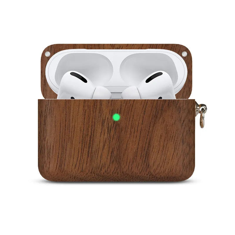Bluetooth wireless earphones with solid wood hard shell case in bamboo finish, compatible with Apple iPhones