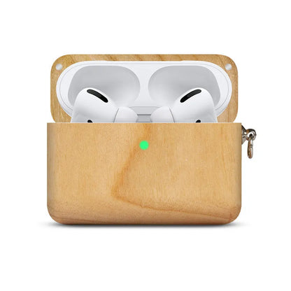 Bluetooth wireless earphones with solid wood hard shell case in bamboo finish, compatible with Apple iPhones