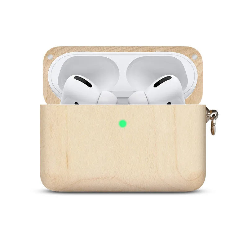 Bluetooth wireless earphones with solid wood hard shell case in bamboo finish, compatible with Apple iPhones
