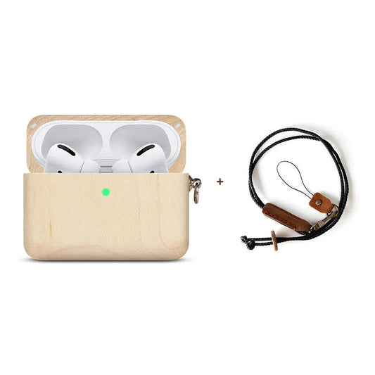 Bluetooth wireless earphones with solid wood hard shell case in bamboo finish, compatible with Apple iPhones